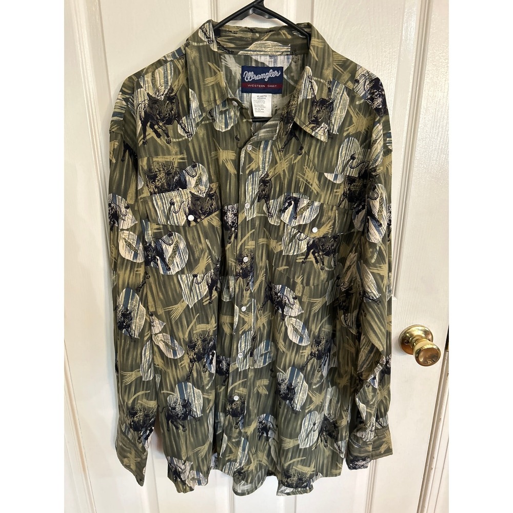 Wrangler Brushpopper Pearl Snap Green‎ Bull Print Size XL